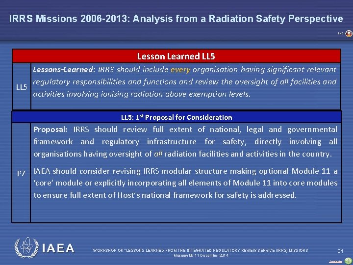 IRRS Missions 2006 -2013: Analysis from a Radiation Safety Perspective END Lesson Learned LL