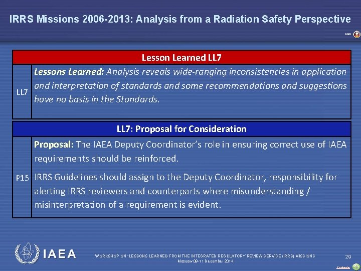 IRRS Missions 2006 -2013: Analysis from a Radiation Safety Perspective END Lesson Learned LL