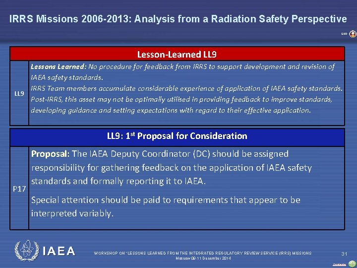 IRRS Missions 2006 -2013: Analysis from a Radiation Safety Perspective END Lesson-Learned LL 9