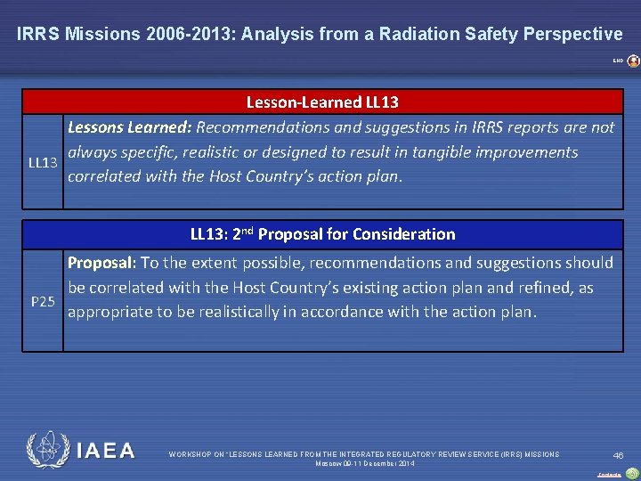 IRRS Missions 2006 -2013: Analysis from a Radiation Safety Perspective END Lesson-Learned LL 13