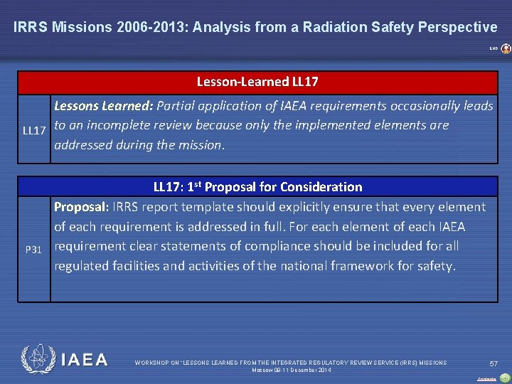 IRRS Missions 2006 -2013: Analysis from a Radiation Safety Perspective END Lesson-Learned LL 17