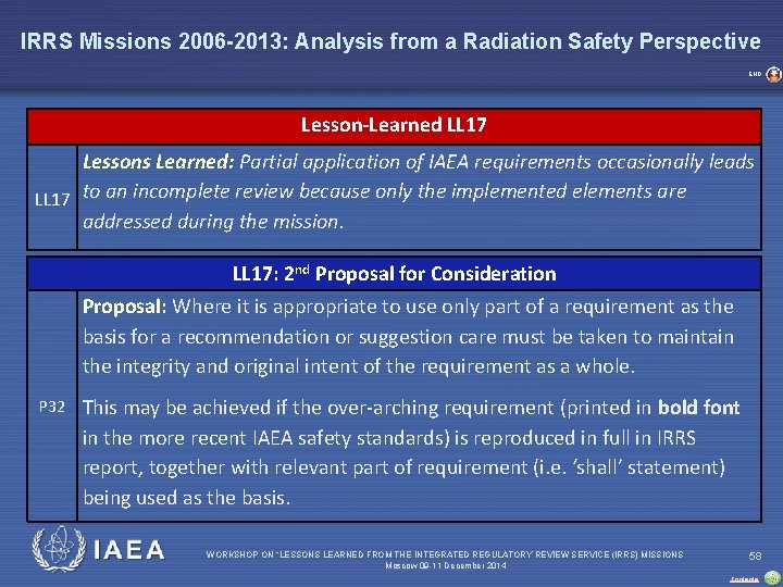 IRRS Missions 2006 -2013: Analysis from a Radiation Safety Perspective END Lesson-Learned LL 17