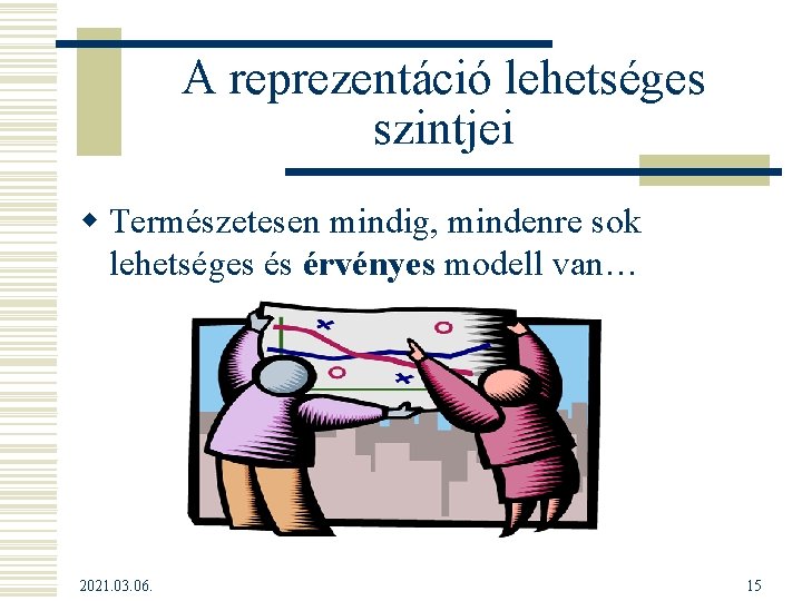 A reprezentáció lehetséges szintjei w Természetesen mindig, mindenre sok lehetséges és érvényes modell van… A reprezentáció lehetséges szintjei w Természetesen mindig, mindenre sok lehetséges és érvényes modell van…