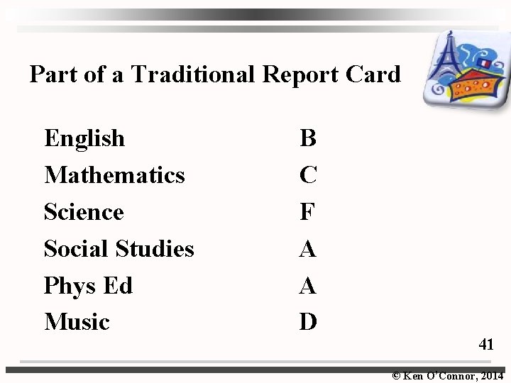 Part of a Traditional Report Card English Mathematics Science Social Studies Phys Ed Music