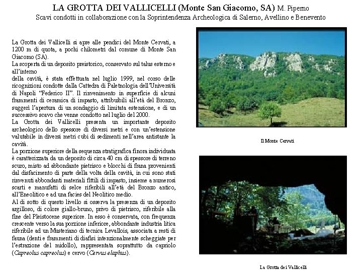 LA GROTTA DEI VALLICELLI (Monte San Giacomo, SA) M. Piperno Scavi condotti in collaborazione