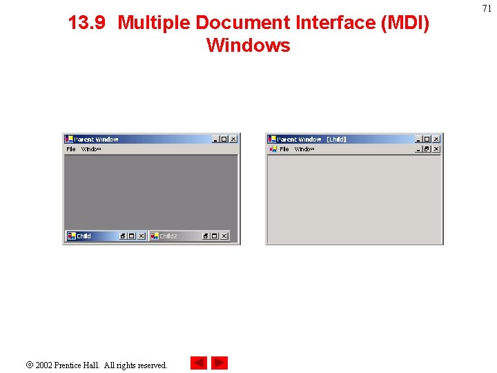 13. 9 Multiple Document Interface (MDI) Windows 2002 Prentice Hall. All rights reserved. 71