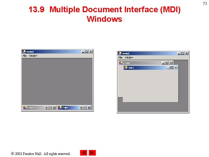 13. 9 Multiple Document Interface (MDI) Windows 2002 Prentice Hall. All rights reserved. 73