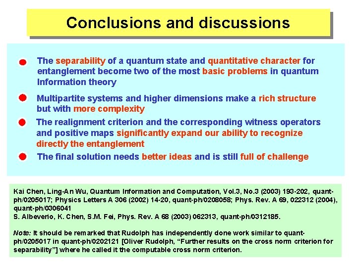 Conclusions and discussions The separability of a quantum state and quantitative character for entanglement