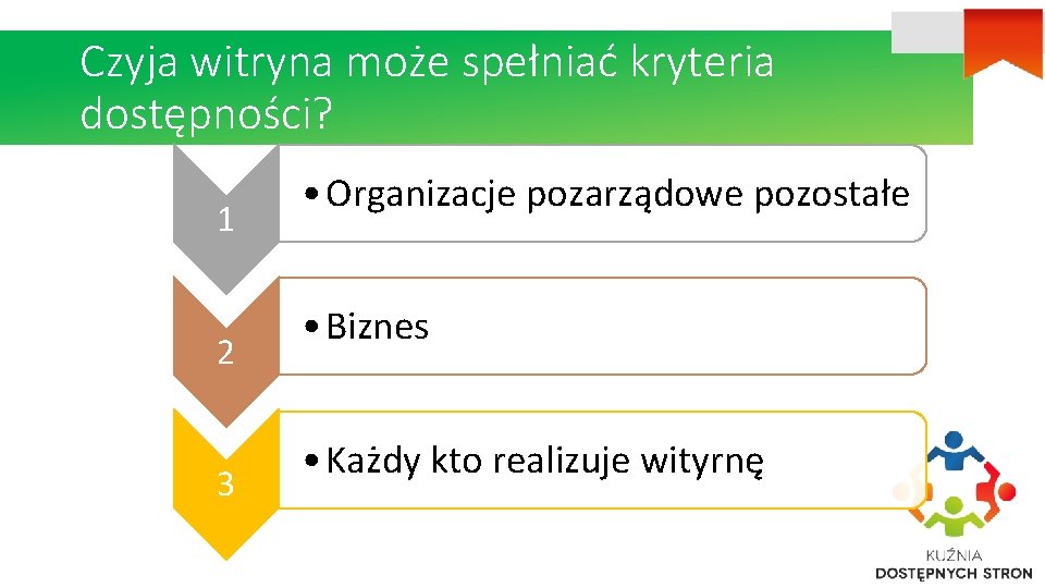 Czyja witryna może spełniać kryteria dostępności? 1 2 3 • Organizacje pozarządowe pozostałe •