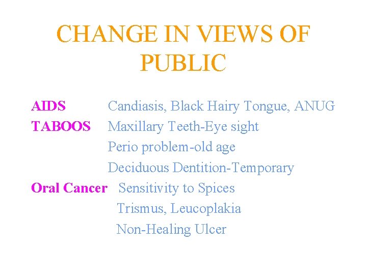 CHANGE IN VIEWS OF PUBLIC AIDS TABOOS Candiasis, Black Hairy Tongue, ANUG Maxillary Teeth-Eye