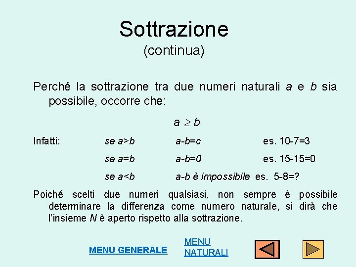 Sottrazione (continua) Perché la sottrazione tra due numeri naturali a e b sia possibile,