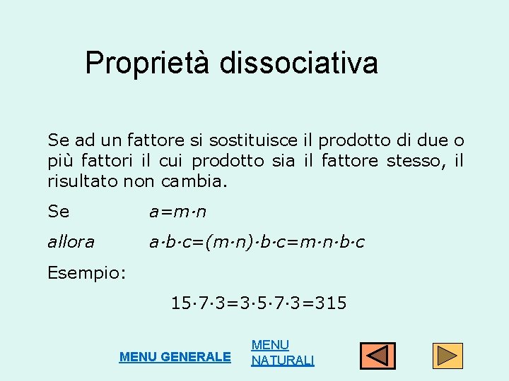 Proprietà dissociativa Se ad un fattore si sostituisce il prodotto di due o più