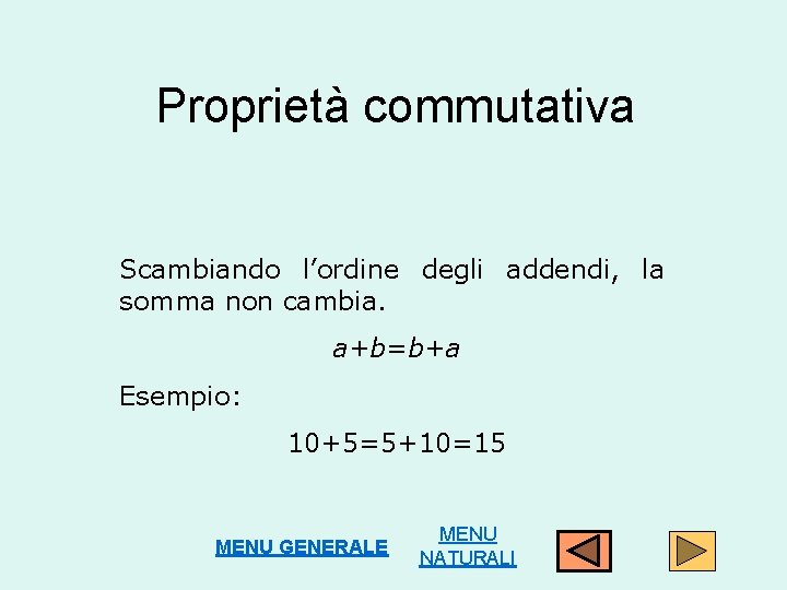 Proprietà commutativa Scambiando l’ordine degli addendi, la somma non cambia. a+b=b+a Esempio: 10+5=5+10=15 MENU