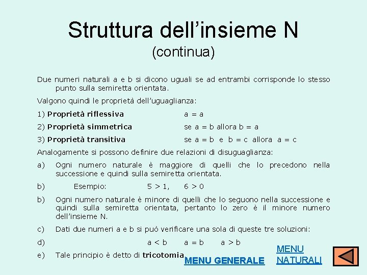 Struttura dell’insieme N (continua) Due numeri naturali a e b si dicono uguali se