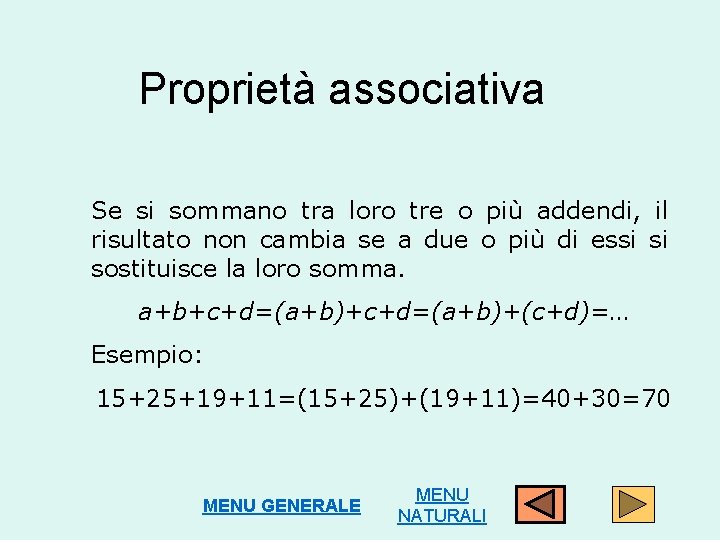 Proprietà associativa Se si sommano tra loro tre o più addendi, il risultato non