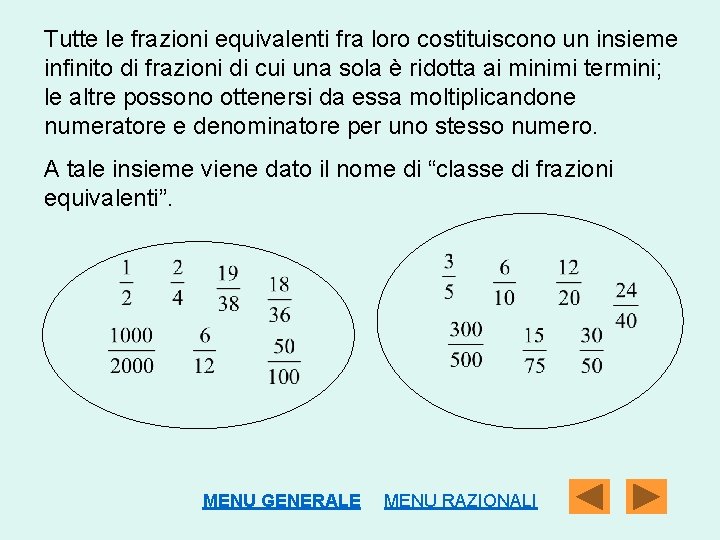 Tutte le frazioni equivalenti fra loro costituiscono un insieme infinito di frazioni di cui