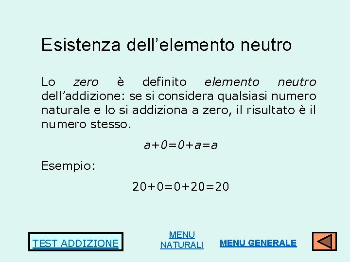 Esistenza dell’elemento neutro Lo zero è definito elemento neutro dell’addizione: se si considera qualsiasi