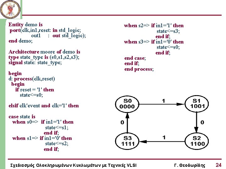 Entity demo is port(clk, in 1, reset: in std_logic; out 1 : out std_logic);