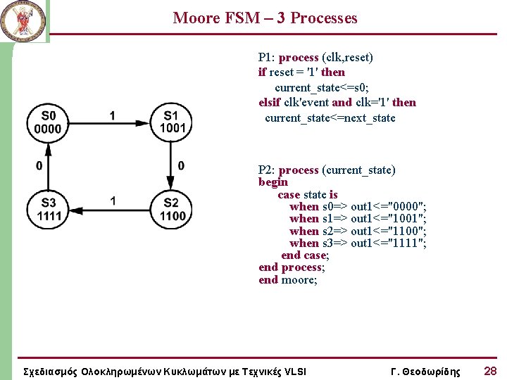 Moore FSM – 3 Processes P 1: process (clk, reset) if reset = '1'