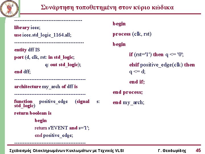 Συνάρτηση τοποθετημένη στον κύριο κώδικα --------------------library ieee; use ieee. std_logic_1164. all; --------------------entity dff IS