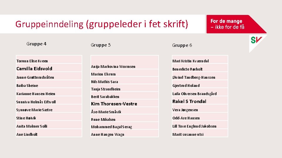 Gruppeinndeling (gruppeleder i fet skrift) Gruppe 4 Gruppe 5 Torunn Elise Kveen Camilla Eidsvold