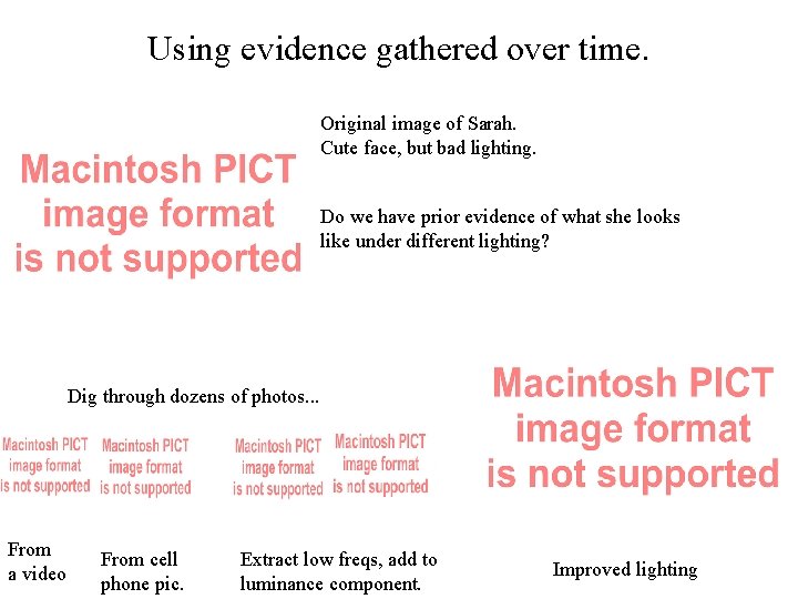 Using evidence gathered over time. Original image of Sarah. Cute face, but bad lighting. Using evidence gathered over time. Original image of Sarah. Cute face, but bad lighting.