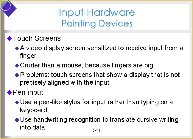 Input Hardware Pointing Devices u. Touch Screens u. A video display screen sensitized to