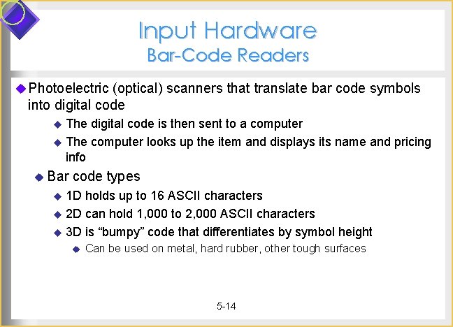 Input Hardware Bar-Code Readers u Photoelectric (optical) scanners that translate bar code symbols into