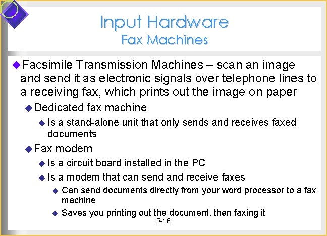 Input Hardware Fax Machines u. Facsimile Transmission Machines – scan an image and send