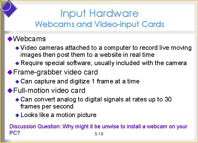 Input Hardware Webcams and Video-input Cards u. Webcams u Video cameras attached to a