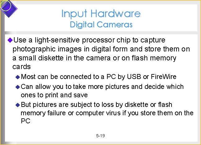 Input Hardware Digital Cameras u. Use a light-sensitive processor chip to capture photographic images