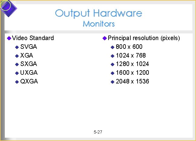 Output Hardware Monitors u Video Standard u Principal resolution (pixels) u SVGA u 800