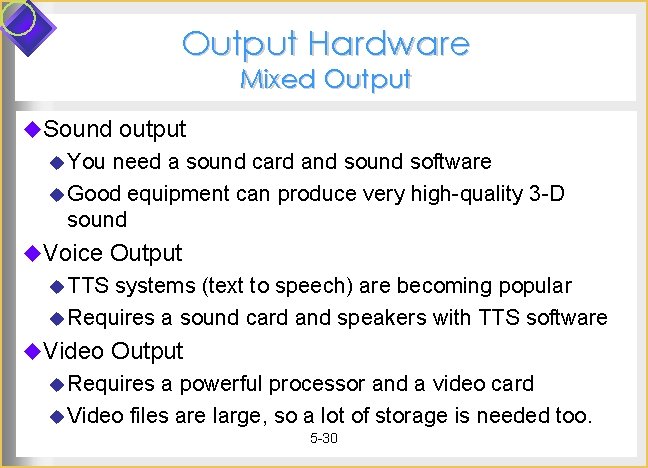 Output Hardware Mixed Output u. Sound output u You need a sound card and