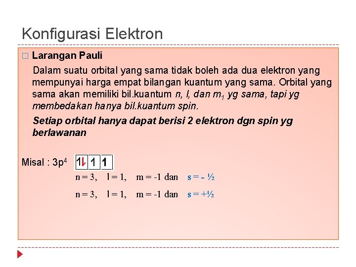 Konfigurasi Elektron � Larangan Pauli Dalam suatu orbital yang sama tidak boleh ada dua