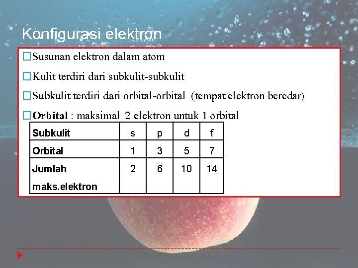 Konfigurasi elektron �Susunan elektron dalam atom �Kulit terdiri dari subkulit-subkulit �Subkulit terdiri dari orbital-orbital