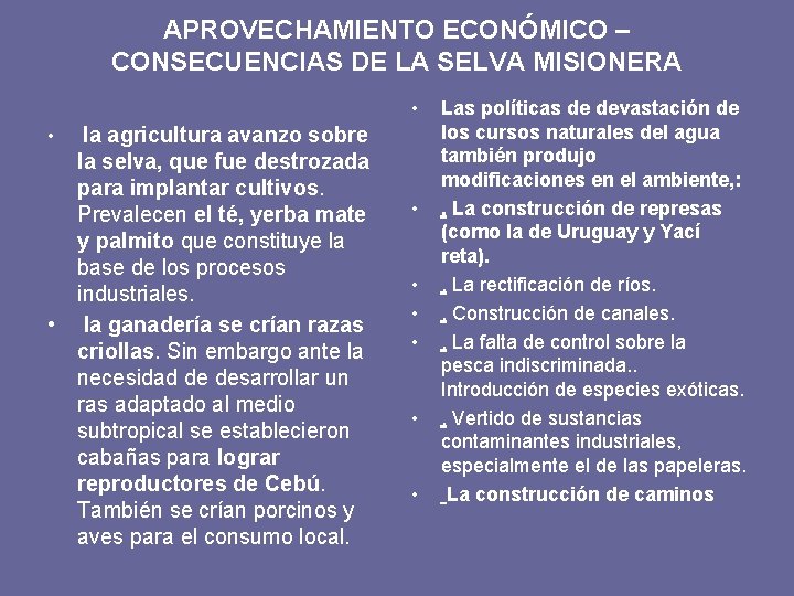 APROVECHAMIENTO ECONÓMICO – CONSECUENCIAS DE LA SELVA MISIONERA • la agricultura avanzo sobre la