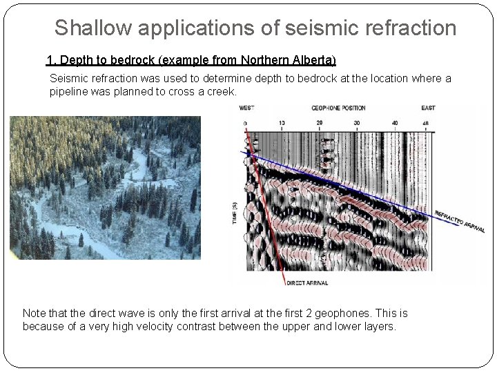 Shallow applications of seismic refraction 1. Depth to bedrock (example from Northern Alberta) Seismic