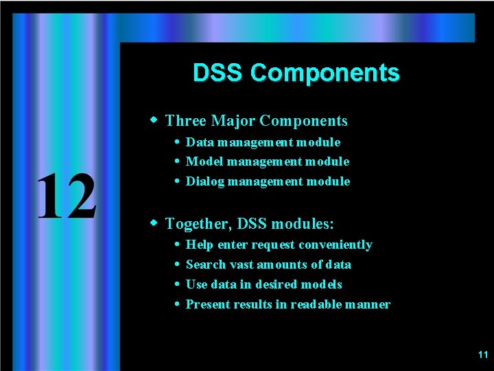 DSS Components w Three Major Components Data management module Model management module Dialog management