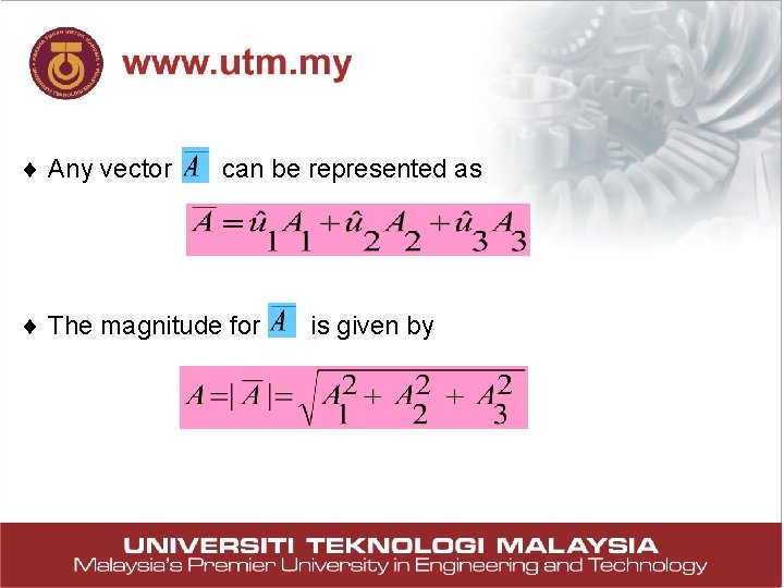 Any vector can be represented as The magnitude for is given by Any vector can be represented as The magnitude for is given by