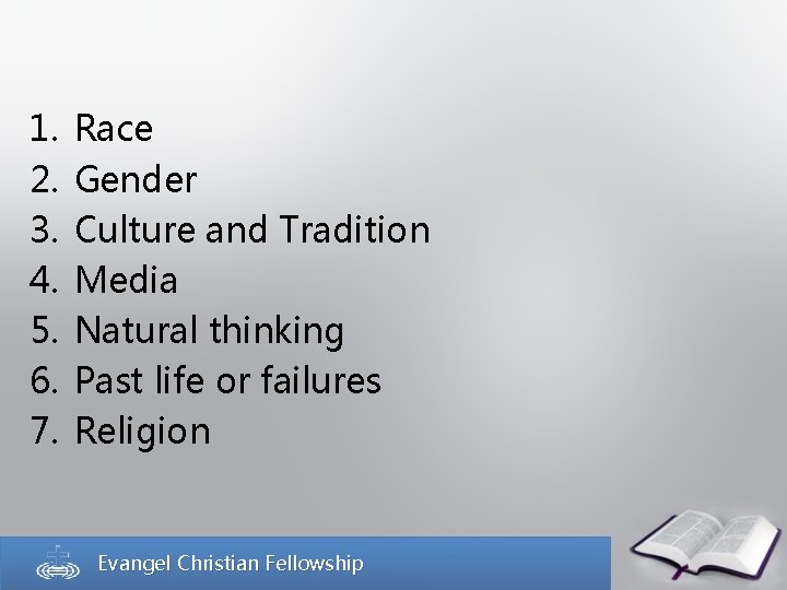 1. 2. 3. 4. 5. 6. 7. Race Gender Culture and Tradition Media Natural 1. 2. 3. 4. 5. 6. 7. Race Gender Culture and Tradition Media Natural
