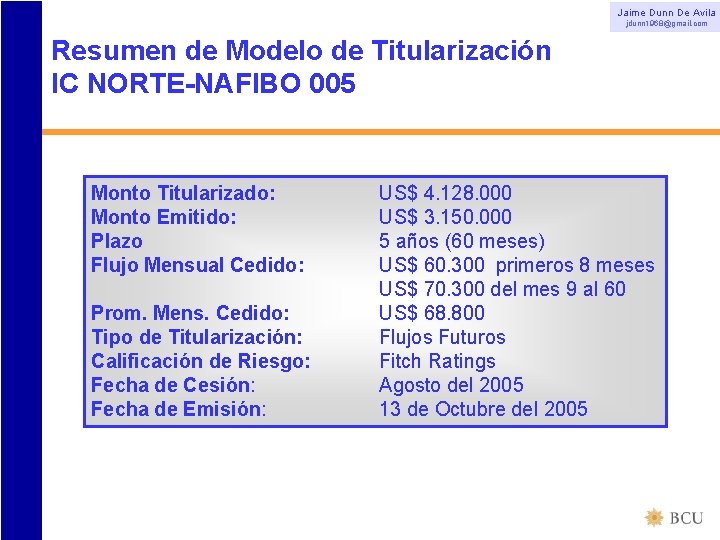 Jaime Dunn De Avila jdunn 1968@gmail. com Resumen de Modelo de Titularización IC NORTE-NAFIBO