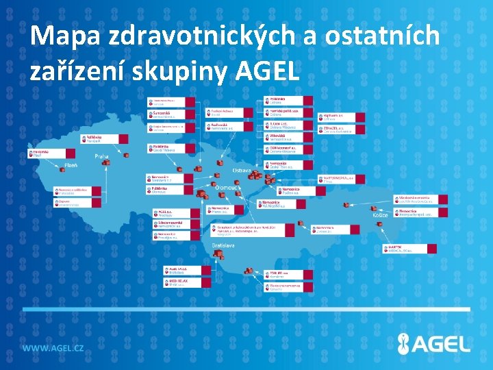 Mapa zdravotnických a ostatních zařízení skupiny AGEL 