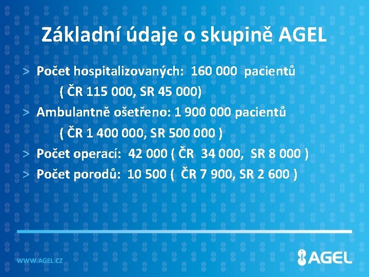 Základní údaje o skupině AGEL > Počet hospitalizovaných: 160 000 pacientů ( ČR 115