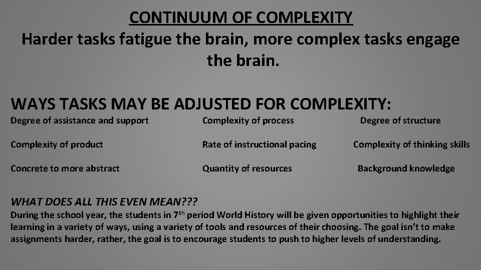 CONTINUUM OF COMPLEXITY Harder tasks fatigue the brain, more complex tasks engage the brain.