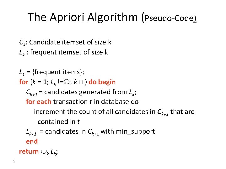 The Apriori Algorithm (Pseudo-Code) Ck: Candidate itemset of size k Lk : frequent itemset