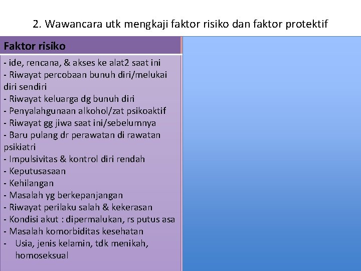 2. Wawancara utk mengkaji faktor risiko dan faktor protektif Faktor risiko Faktor protektif -