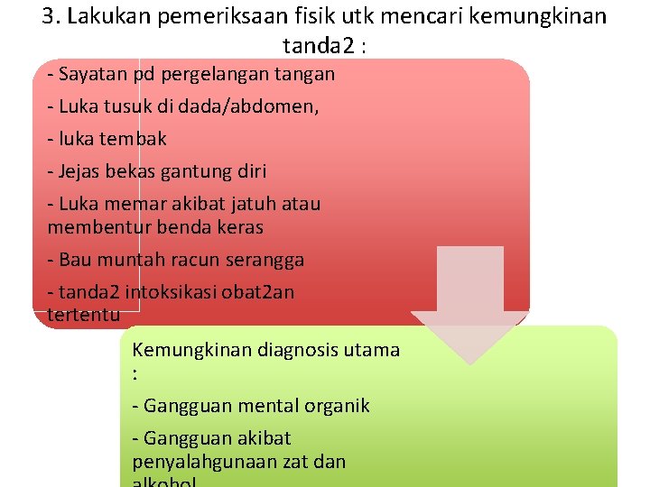 3. Lakukan pemeriksaan fisik utk mencari kemungkinan tanda 2 : - Sayatan pd pergelangan