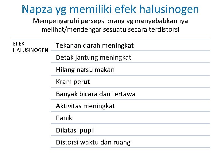 Napza yg memiliki efek halusinogen Mempengaruhi persepsi orang yg menyebabkannya melihat/mendengar sesuatu secara terdistorsi Napza yg memiliki efek halusinogen Mempengaruhi persepsi orang yg menyebabkannya melihat/mendengar sesuatu secara terdistorsi