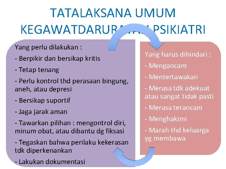 TATALAKSANA UMUM KEGAWATDARURATAN PSIKIATRI Yang perlu dilakukan : - Berpikir dan bersikap kritis -