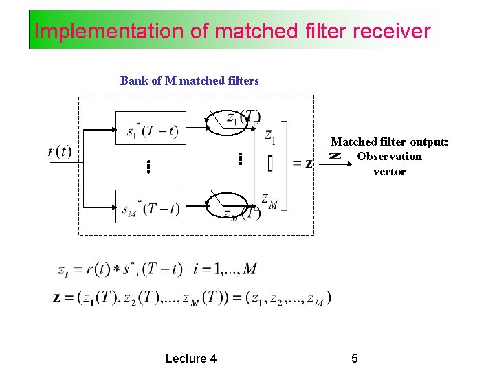 Implementation of matched filter receiver Bank of M matched filters Matched filter output: Observation